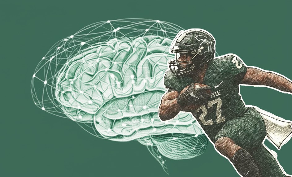 Spartan football player overlaid on a brain network — sports neurology and concussion research